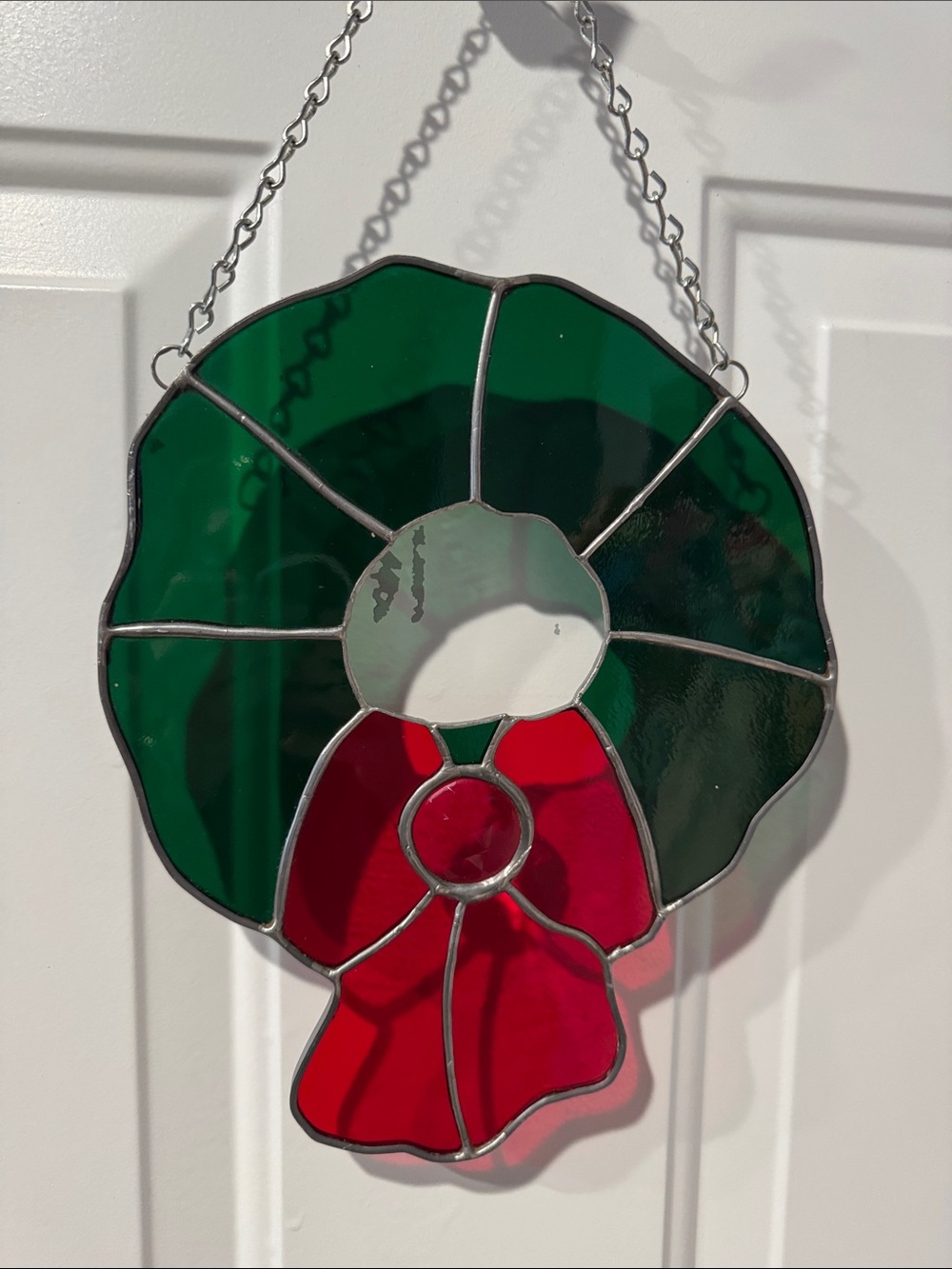 Stained Glass Holiday Wreath Suncatcher with Red Bow